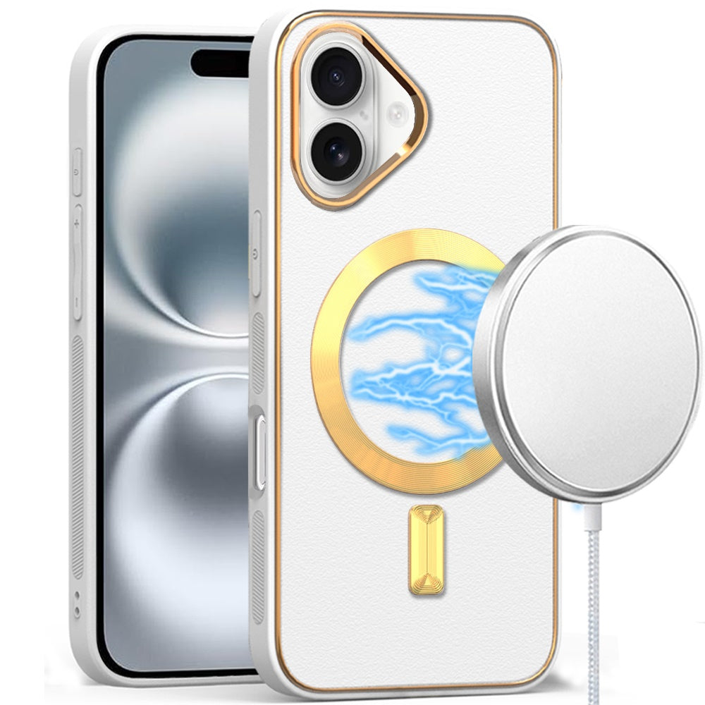 For Apple iPhone 16 (6.1") PU Leather Magnetic Case Slim Protective Cover with MagSafe Compatibility Hard PC Gold Frame Protection Case Cover