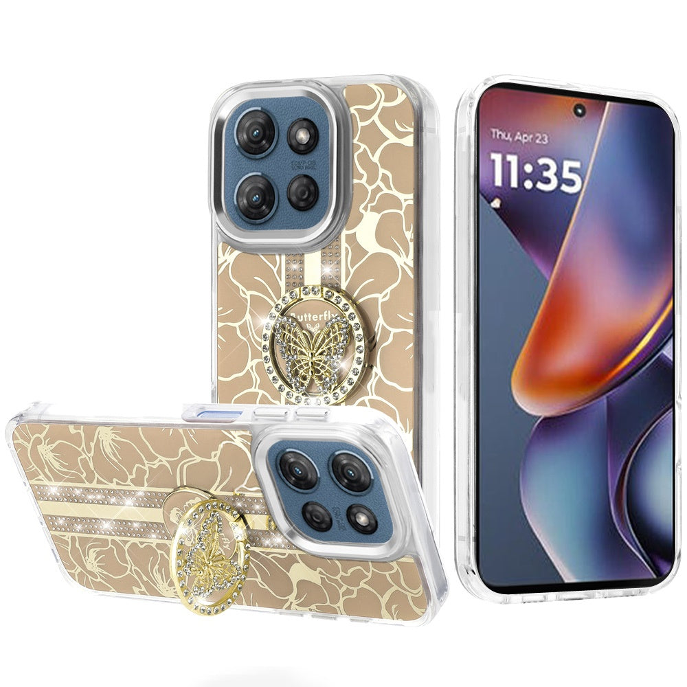 For Motorola Moto G 5G 2025 Diamonds 3D Butterfly Floral Design Bling Sparkly Glitter Hybrid Metal Fashion with Ring Stand Case Cover Gold