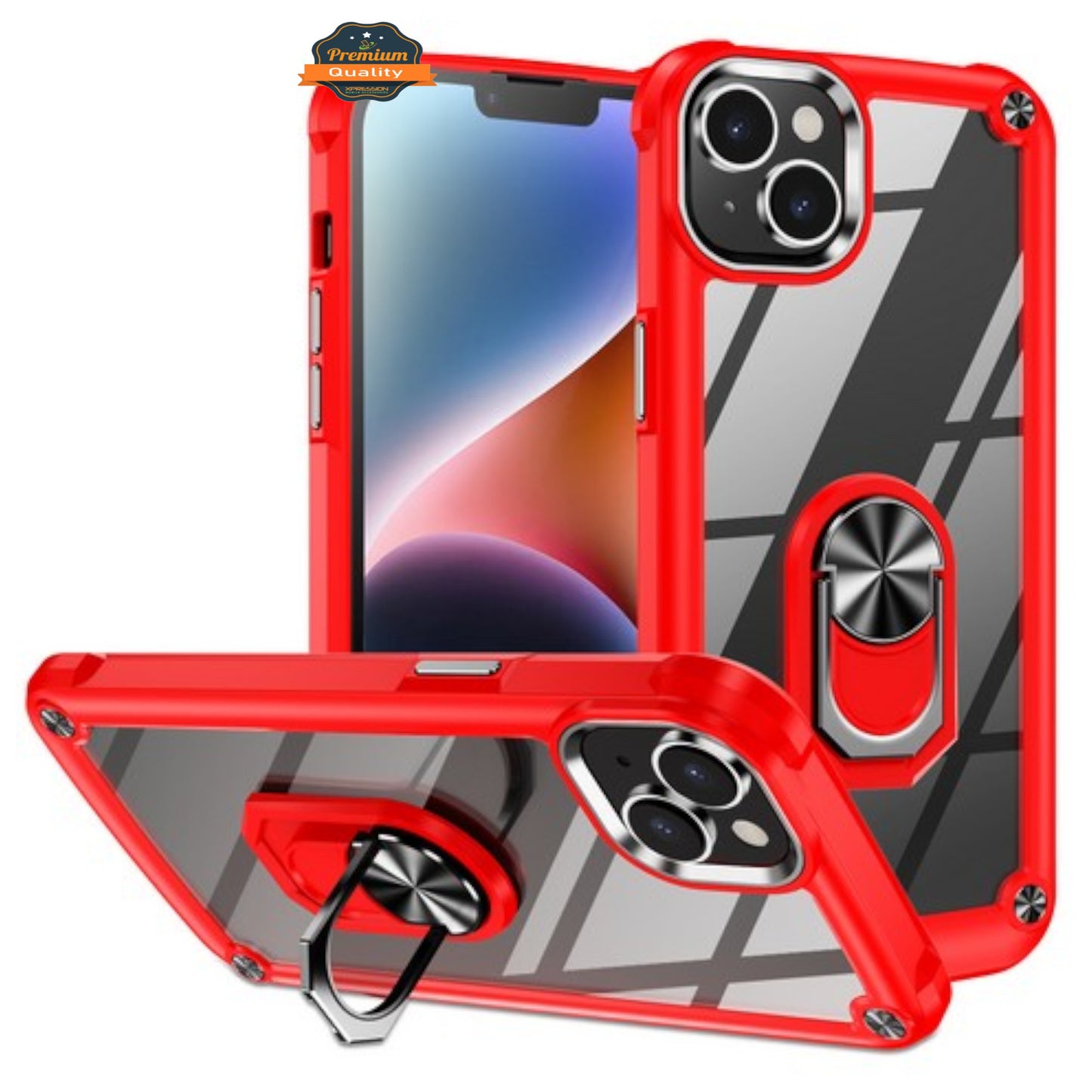 For Apple iPhone 15 Pro Max (6.7") Clear Transparent Hybrid with 360° Magnetic Ring Stand PC Heavy Duty Shockproof Phone Case Cover