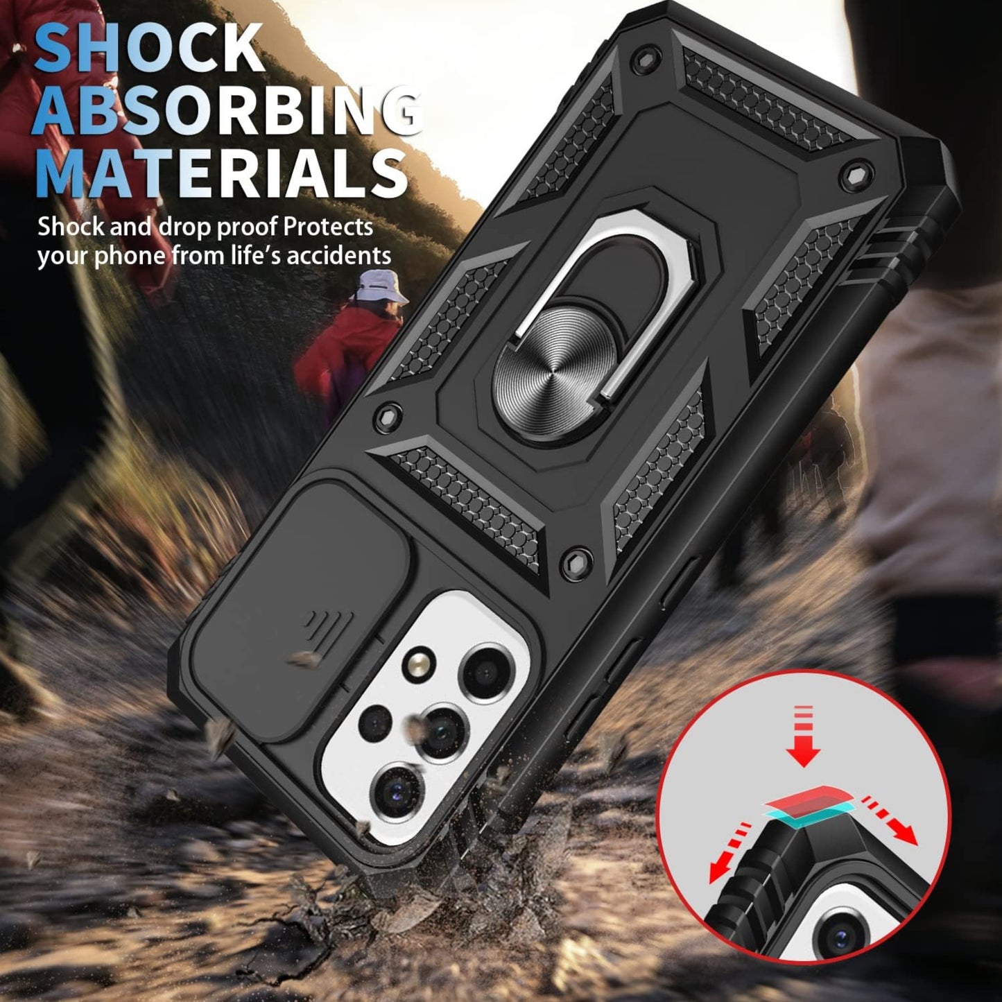 For Samsung Galaxy A16 5G Built in Sliding Camera Lens Protection & Finger Ring Stand Holder Hybrid TPU PC Shockproof Case Cover