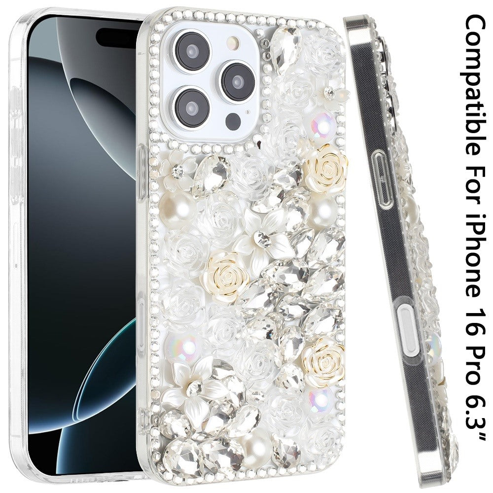 For Apple iPhone 16 Pro (6.3") Fashion Rose Flower Floral Bling Crystal 3D Full Diamonds Pearl Sparkle Rhinestone Glitter Hybrid Case Cover