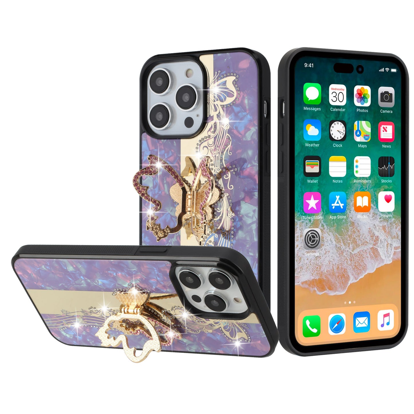 For Samsung Galaxy A06 Diamonds 3D Butterfly Bling Sparkly Glitter Ornaments Engraving Hybrid with Ring Stand Fashion Case Cover Enchanted Butterfly Purple