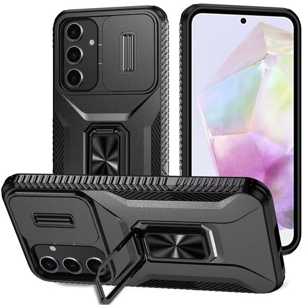 For Samsung Galaxy A54 Case, Camera Cover with Magnetic Rotation Ring Stand, Military Grade Hybrid Hard TPU Shockproof Case Cover Black