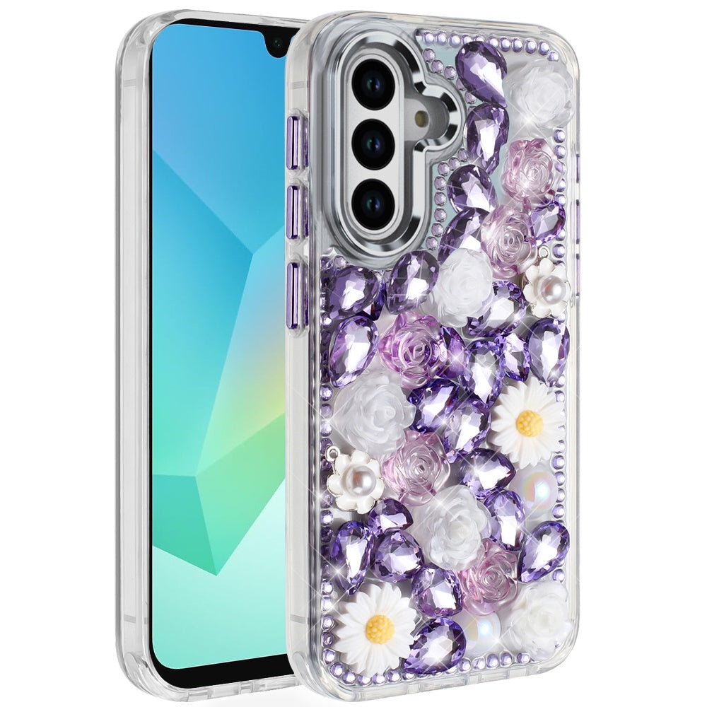 For Samsung Galaxy A16 5G Fashion Daisy Floral Series, Full 3D Bling Crystal Diamonds Sparkling Rhinestone Glitter Hybrid Design Case Cover