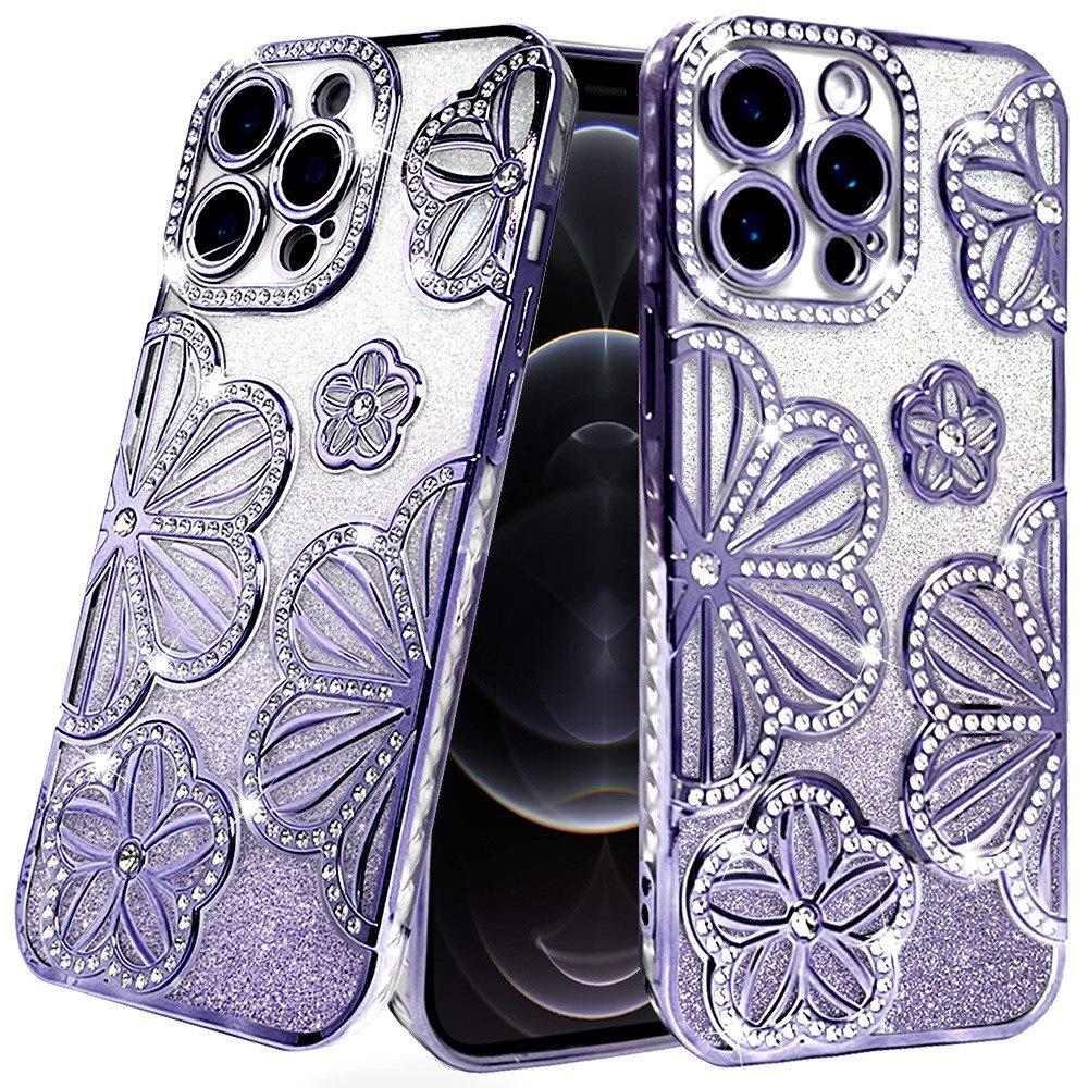 For Samsung Galaxy A16 Luxury Flower Design Sparkle Glitter Diamond Rhinestone Shimmer Bling Plating Thick TPU Hard PC Case Cover Flower Purple