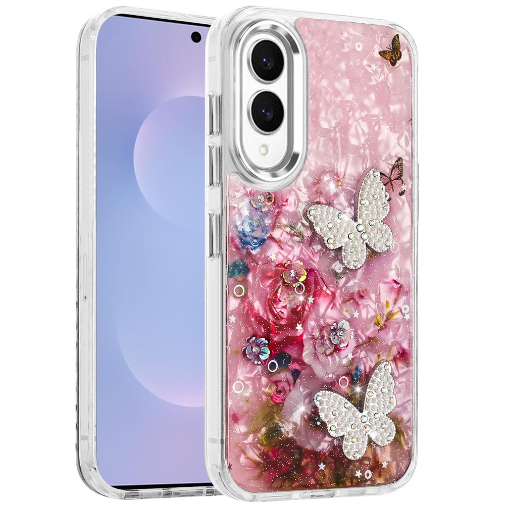 For Samsung Galaxy S25 EDGE Epoxy Glitter Flowers Bling 3D Butterfly Fashion TPU Hybrid with Shockproof Protection Case Cover