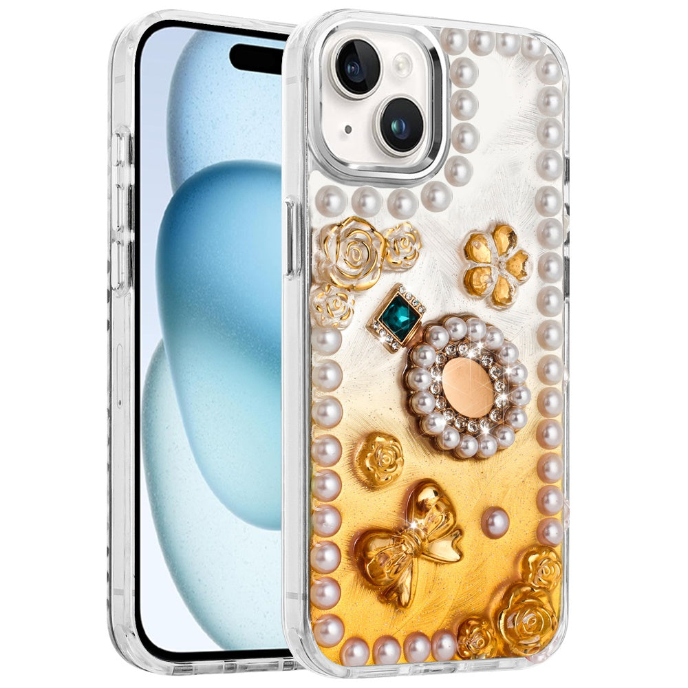 For Samsung Galaxy A36 Bling Fashion Design with 3D Pearls Epoxy Glitter Ornaments Chrome Edge Hard Slim PC Case Cover