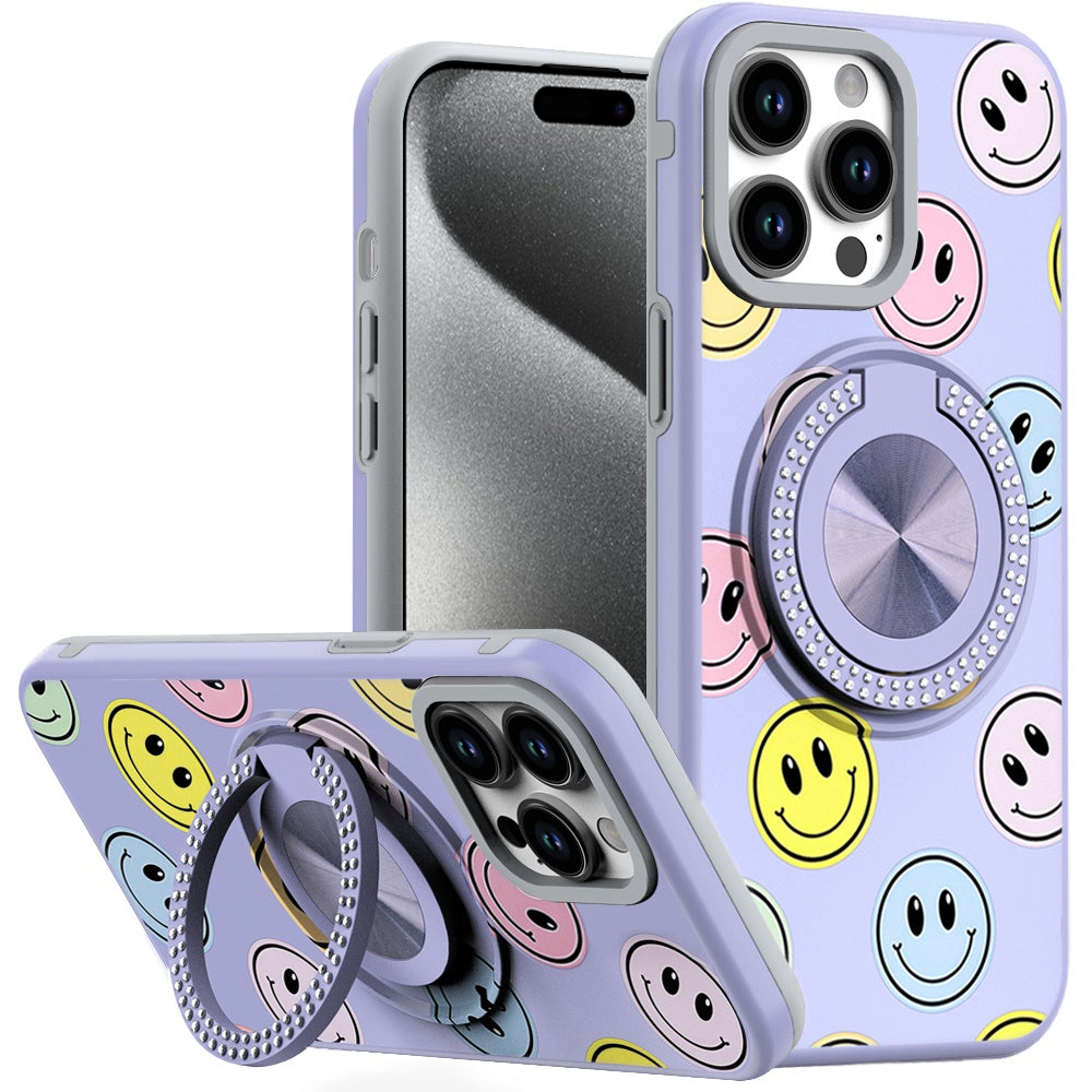 For Apple iPhone 16 (6.1") Pattern Design Hybrid with Invisible Ring Stand & Magnetic Back, Shockproof Protective Grip Case Cover