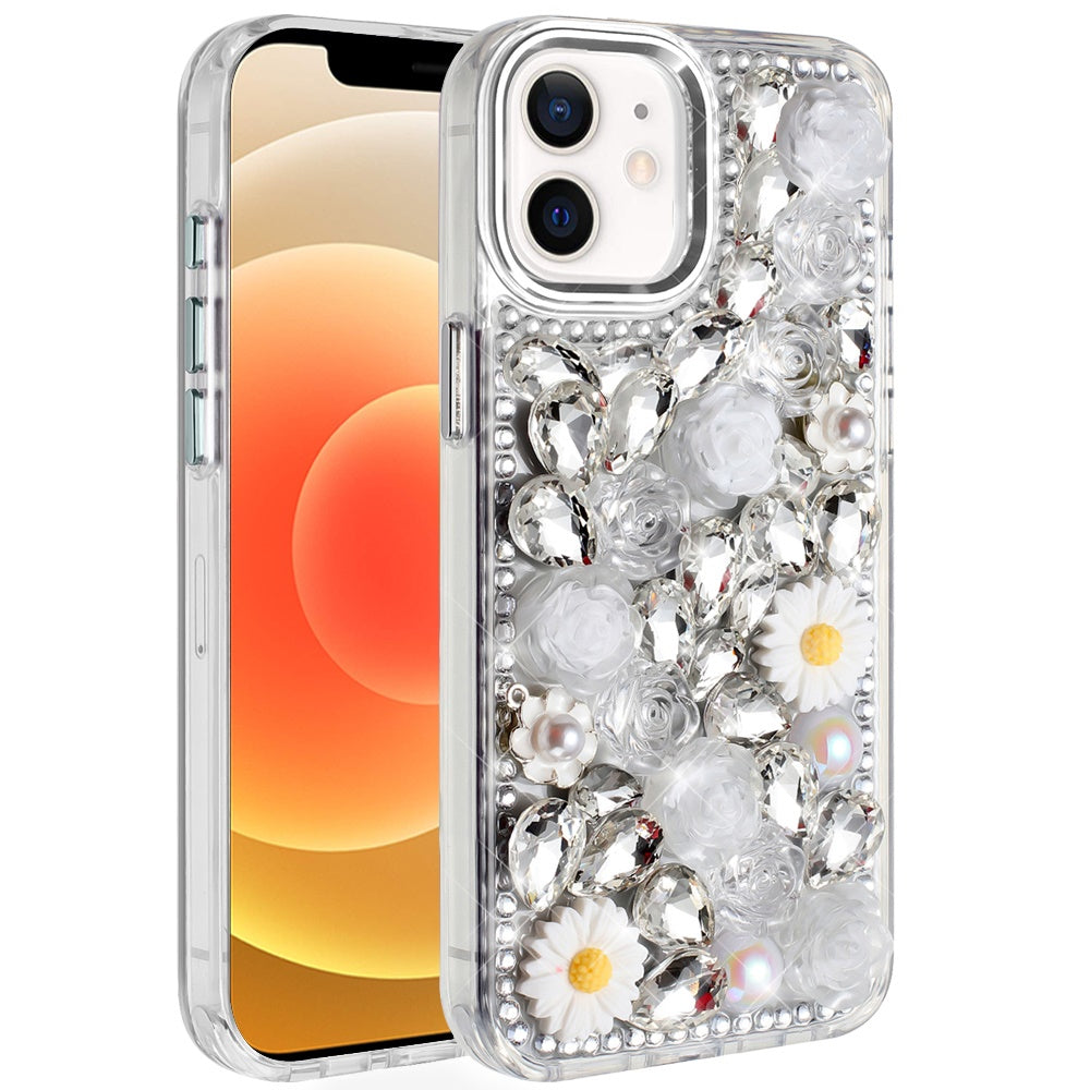 For Samsung Galaxy A16 5G Fashion Daisy Floral Series, Full 3D Bling Crystal Diamonds Sparkling Rhinestone Glitter Hybrid Design Case Cover