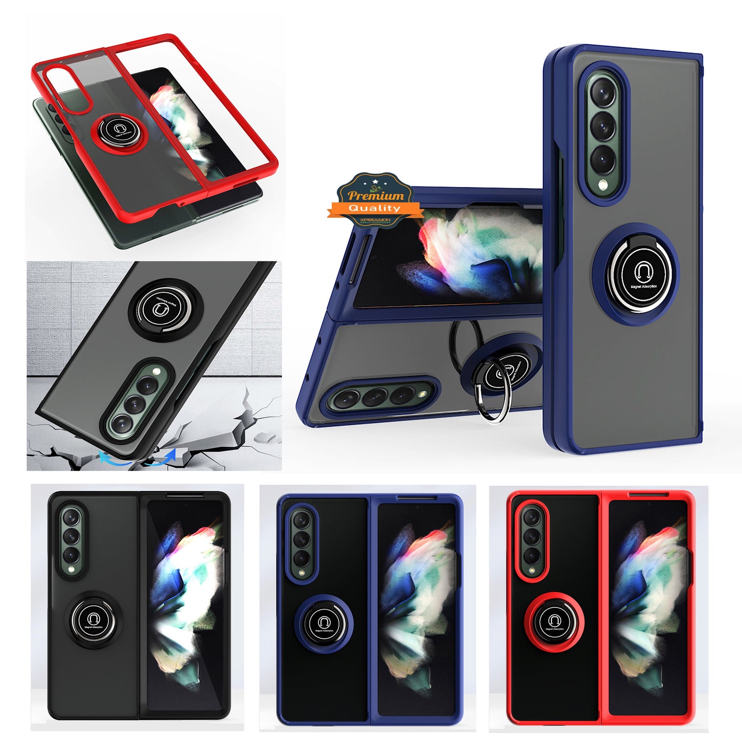For Samsung Galaxy Z Fold 7 Semi Transparent Matte Hybrid Protective PC & TPU Shockproof with 360° Rotation Ring Stand Case Cover