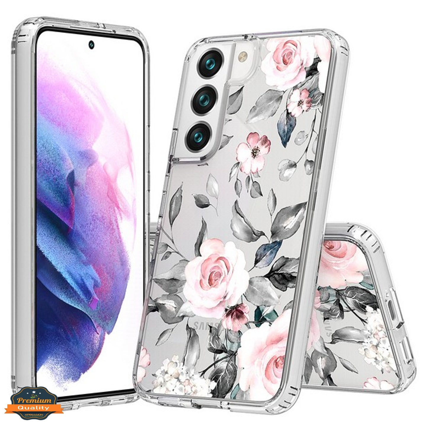 For Samsung Galaxy A26 Floral Pattern Hybrid Transparent TPU Silicone, Shock Absorption Bumper, Hard Back Slim Case Cover
