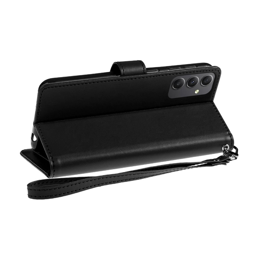 For Samsung Galaxy A16 5G Premium Leather Wallet with Credit Card ID Slots Cash Holder Duo Flip Pouch Stand and Strap Case Cover Black