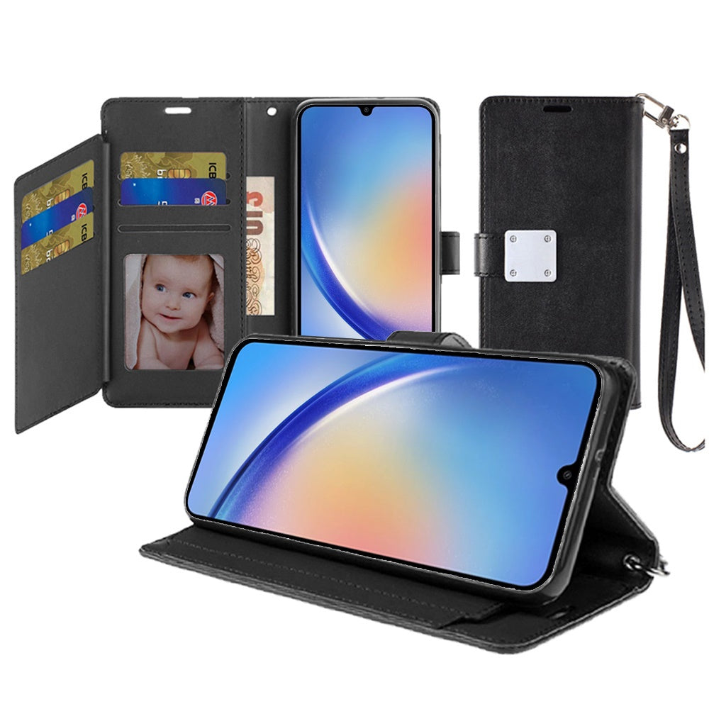 For Samsung Galaxy A16 5G Premium Leather Wallet with Credit Card ID Slots Cash Holder Duo Flip Pouch Stand and Strap Case Cover Black