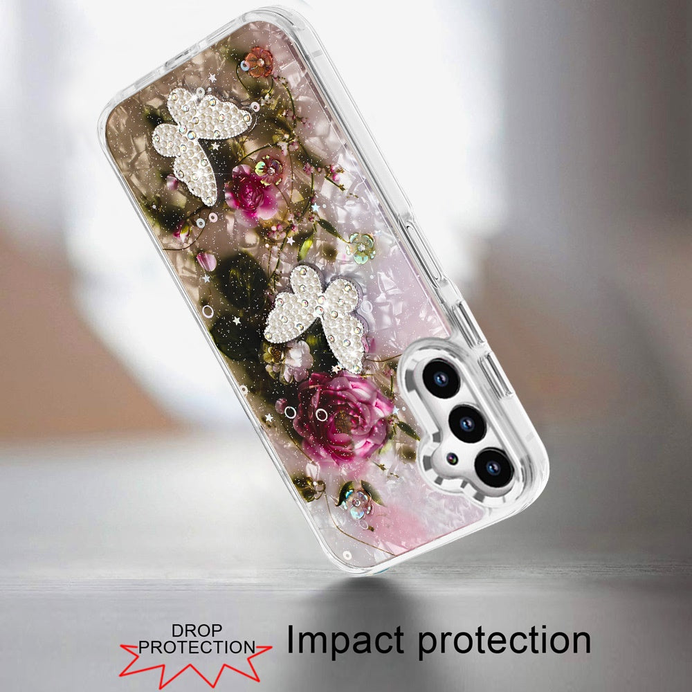 For Samsung Galaxy S25 Ultra Epoxy Glitter Flowers Bling 3D Butterfly Fashion TPU Hybrid with Shockproof Protection Case Cover