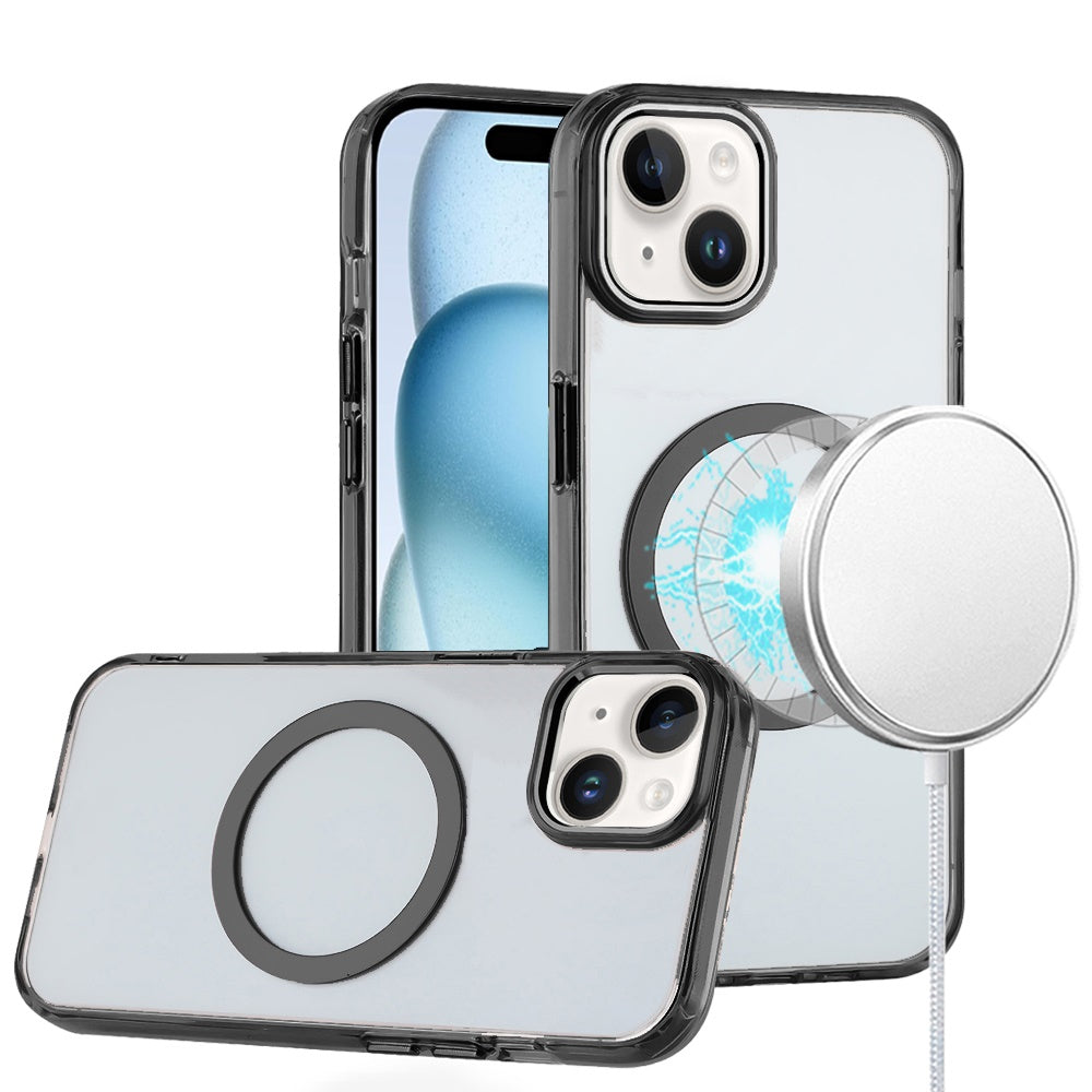For Apple iPhone 13 Pro Transparent Back Hybrid Case - Magnetic Circle, Color Frame, Metal Buttons, MagSafe Compatible Case Cover Black