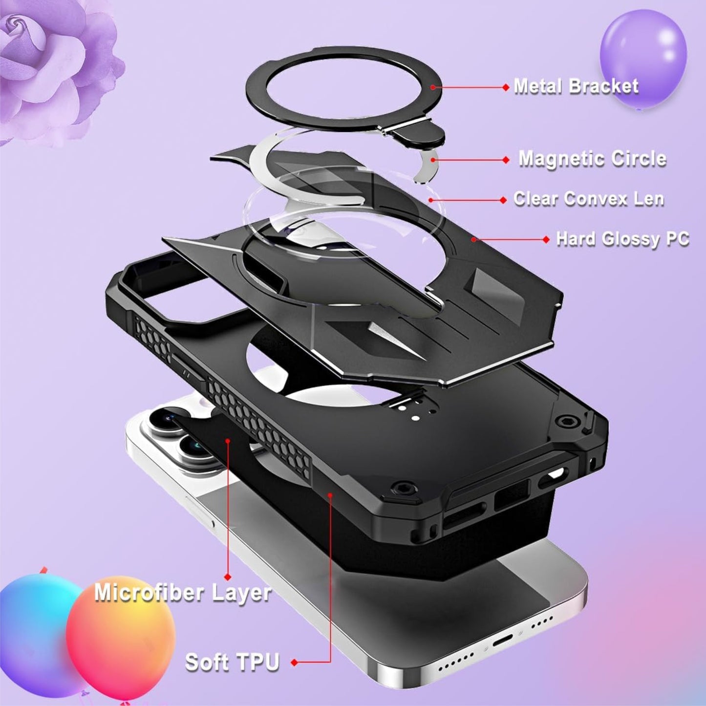 For Apple iPhone 15 Pro (6.1") Hybrid Magnetic Ring Stand Invisible Foldable Military Grade Shockproof Fit with Magsafe Phone Case Cover