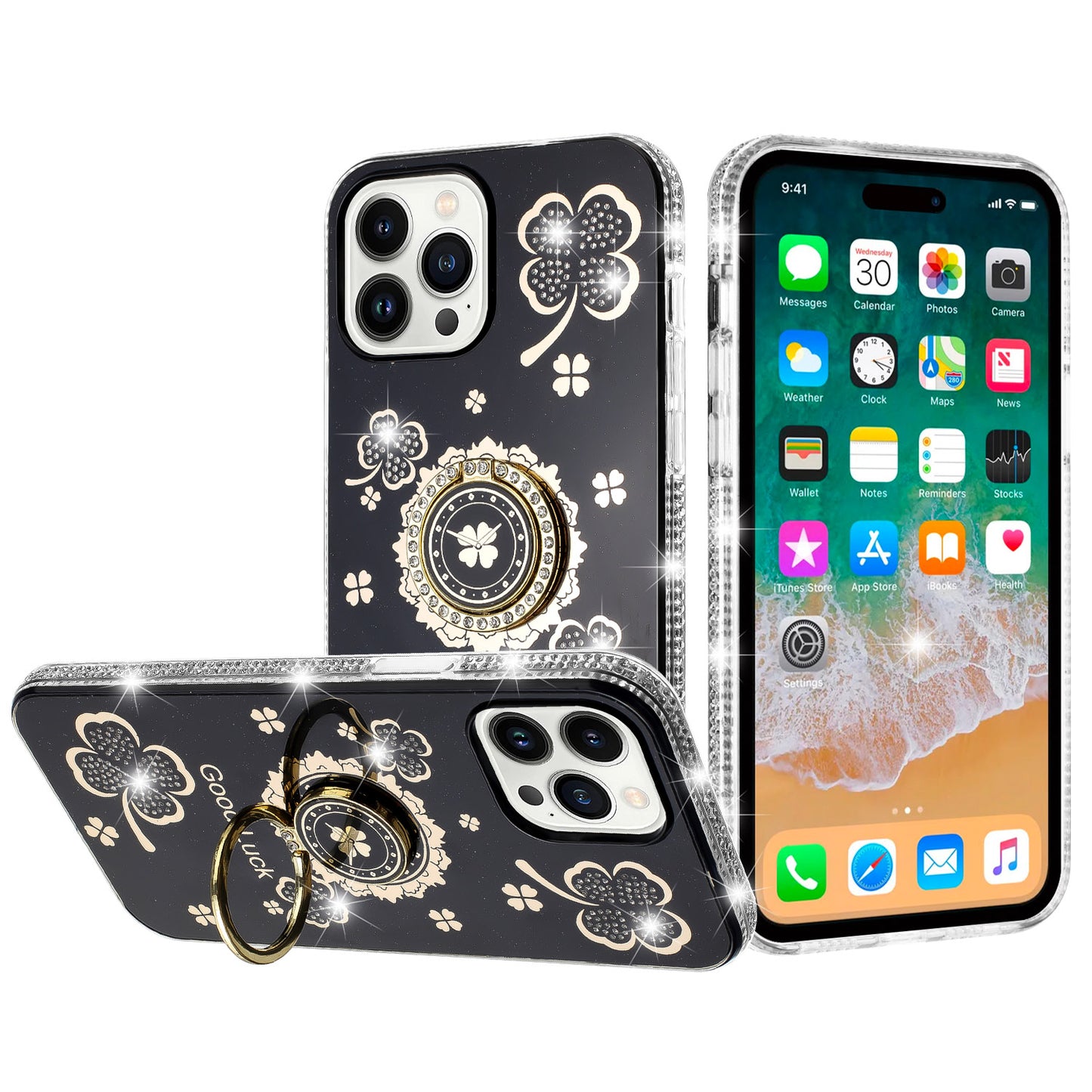 For Apple iPhone 16 Pro (6.3") Diamonds Bling All Around Edges Sparkly Glitter Hybrid with Ring Stand Holder Fashion Good Luck Case Cover