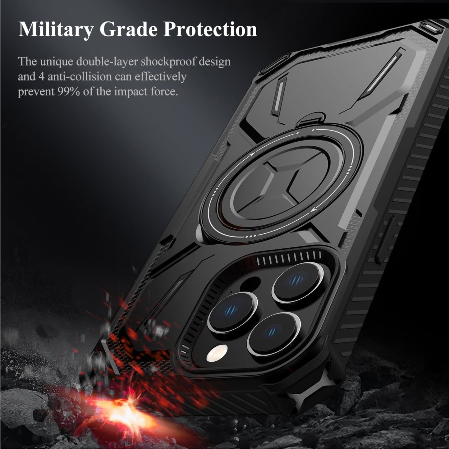 For Apple iPhone 15 Pro Max (6.7") Hybrid Invisible Stand Compatible with Magsafe 360° Ring Kickstand Shockproof Phone Case Cover