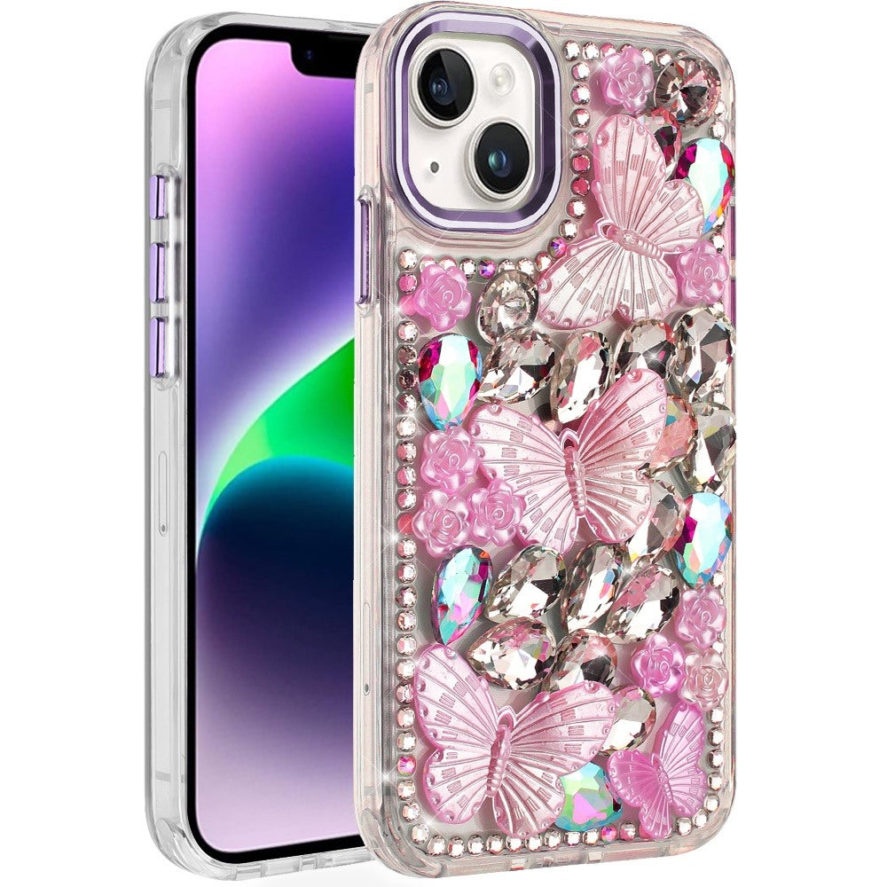 For Samsung Galaxy A16 3D Diamond Floral Butterfly Bling Stone Hybrid, Sparkly Rhinestone Gemstone Back Shockproof Case Cover