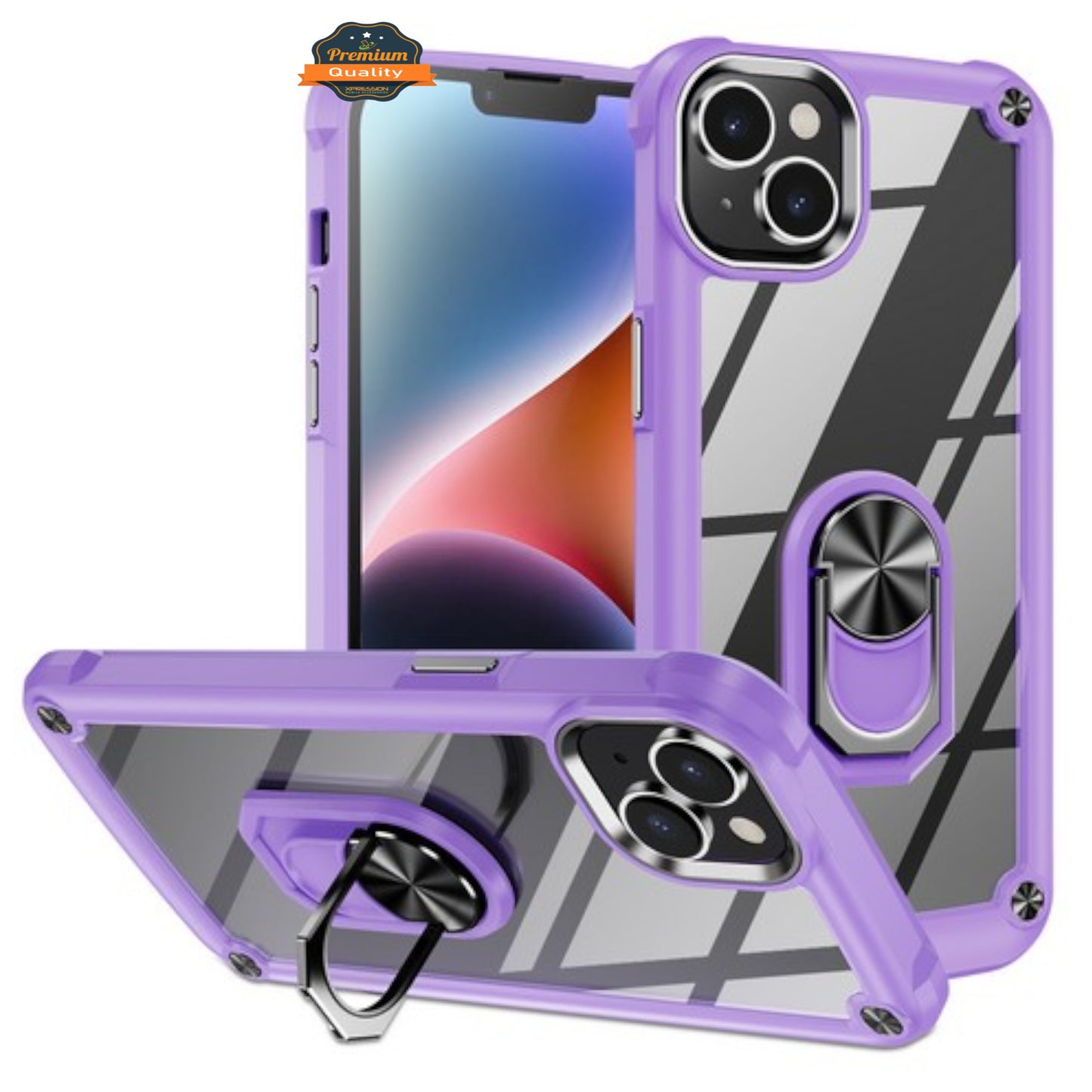 For Apple iPhone 15 Pro Max (6.7") Clear Transparent Hybrid with 360° Magnetic Ring Stand PC Heavy Duty Shockproof Phone Case Cover