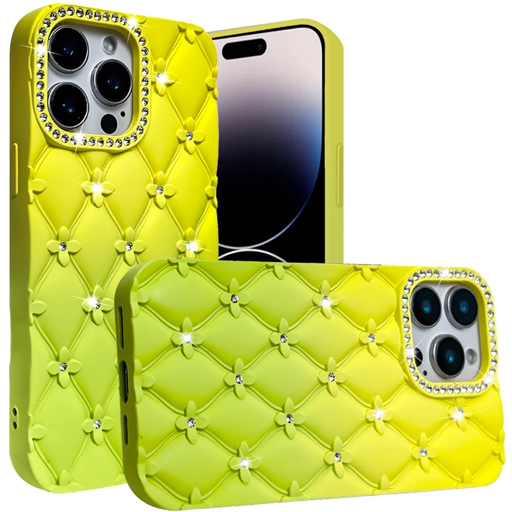 For Apple iPhone 15 Pro Max (6.7") Fashion Flower Design Sparkle Glitter Shimmer Rhinestone Bling Leather Feel Thick TPU Rubber Hard PC Case Cover
