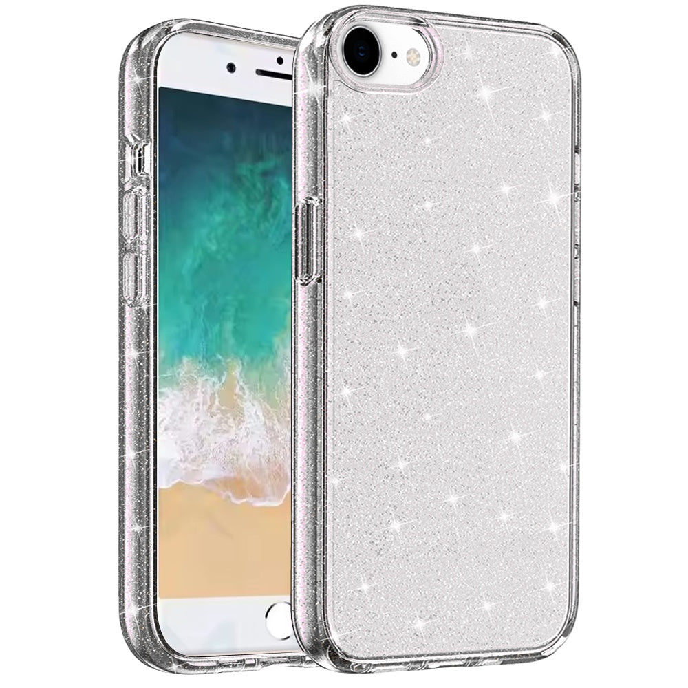 For Apple iPhone 16e Transparent Glitter Shiny Sparkle Bling TPU Rubber Hard Back Hybrid Frame Shockproof Case Cover
