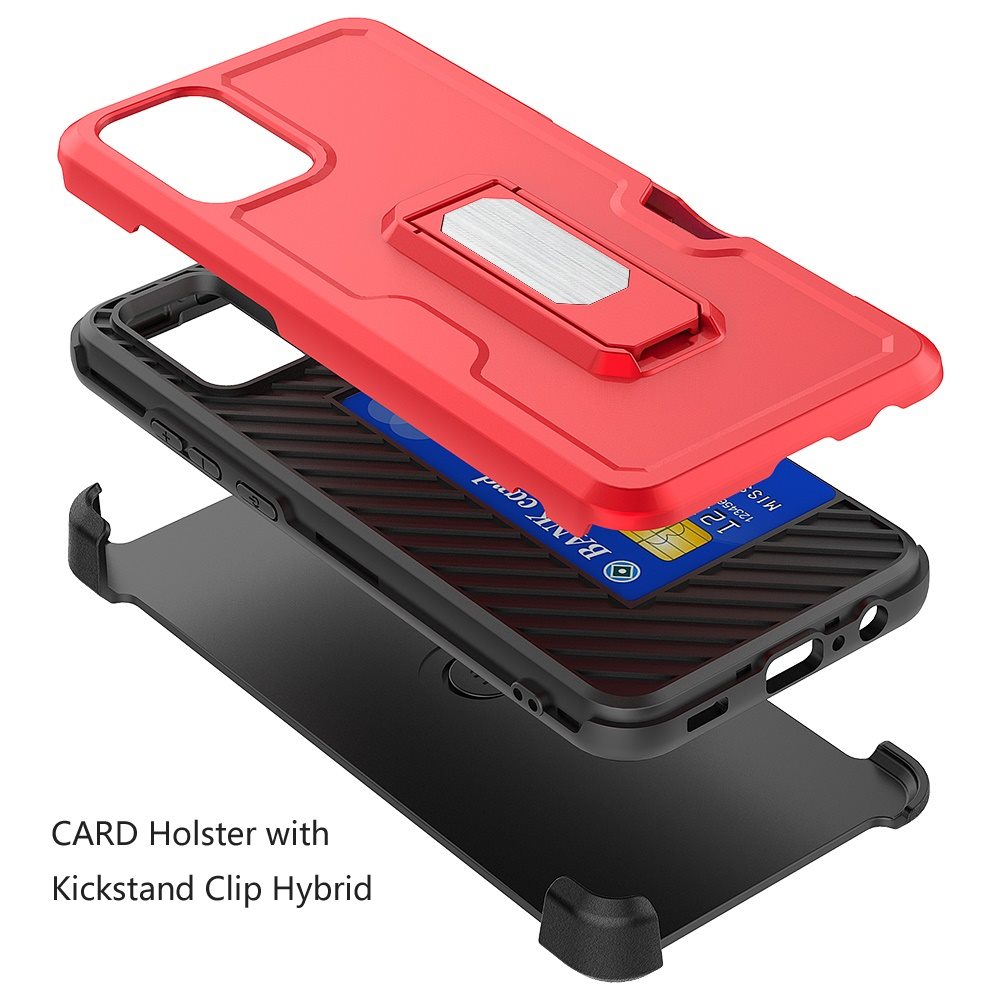 For Samsung Galaxy A16 5G Full-Body Hybrid Heavy Duty Armor Case with Belt Clip Holster, Credit Card Holder & Kickstand Case Cover Red