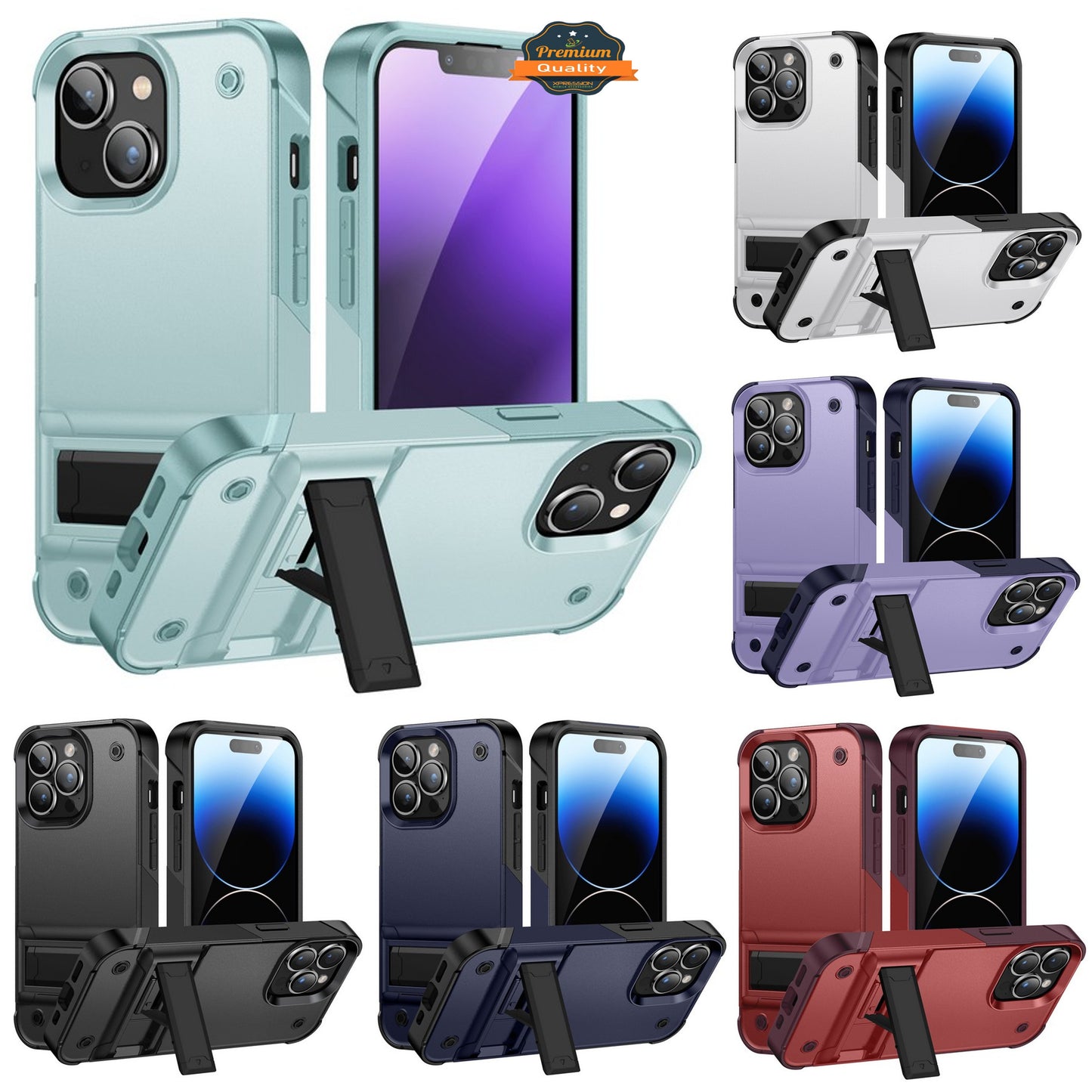 For Apple iPhone 15 Pro Max (6.7") Heavy Duty with Kickstand Stand Hybrid Military Armor Durable Shockproof Bumper Phone Case Cover