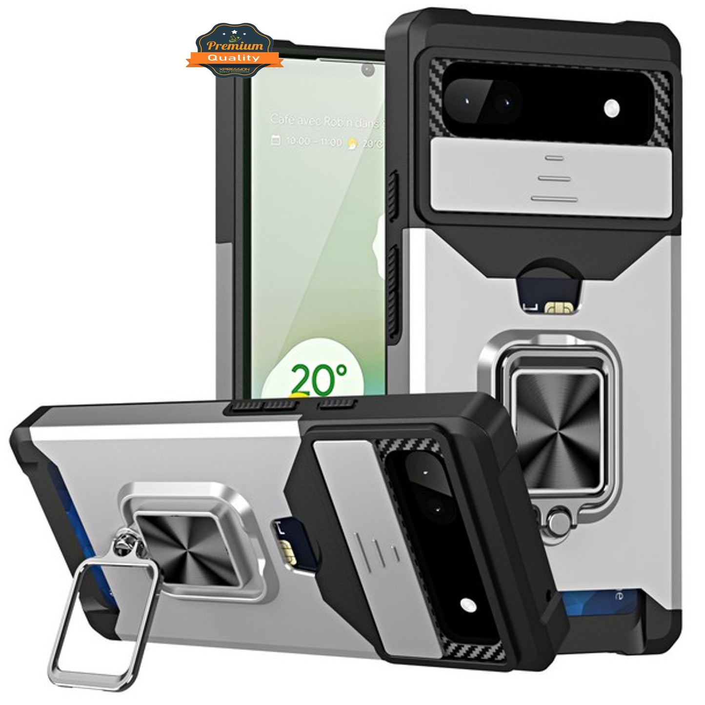 For Google Pixel 9A Wallet Case with Slide Camera Protector, Credit Card Slot, Ring Sand, Magnetic Car Mount Case Cover