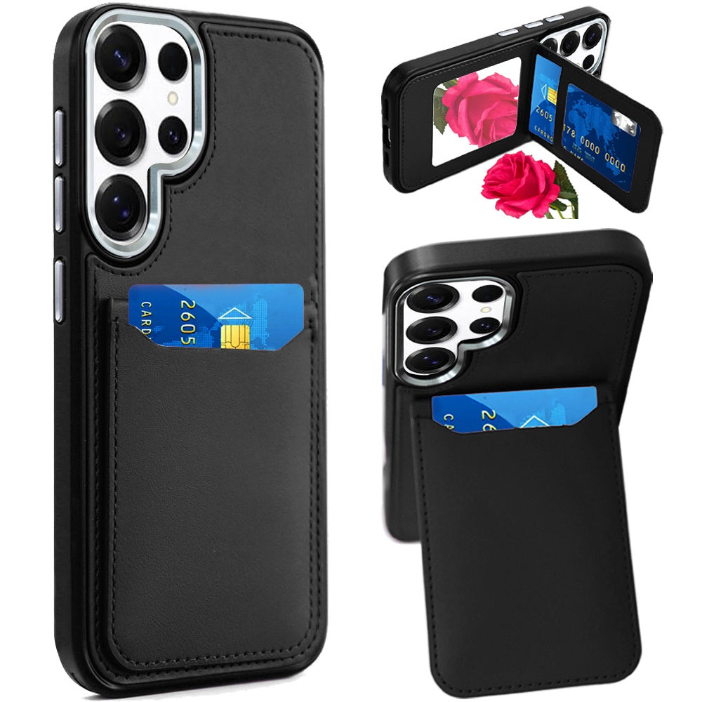 For Samsung Galaxy A16 PU Leather Wallet Cover with Credit Card Holder, Kickstand & Mirror Inside Slim Fit TPU & PC Hybrid Design Case Cover