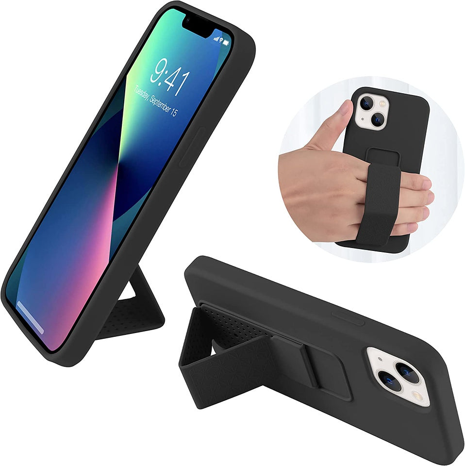 For Apple iPhone 15 Pro (6.1") PU Leather Back Foldable Kickstand Hand Strap Stand Hybrid Heavy Duty Shockproof Phone Case Cover