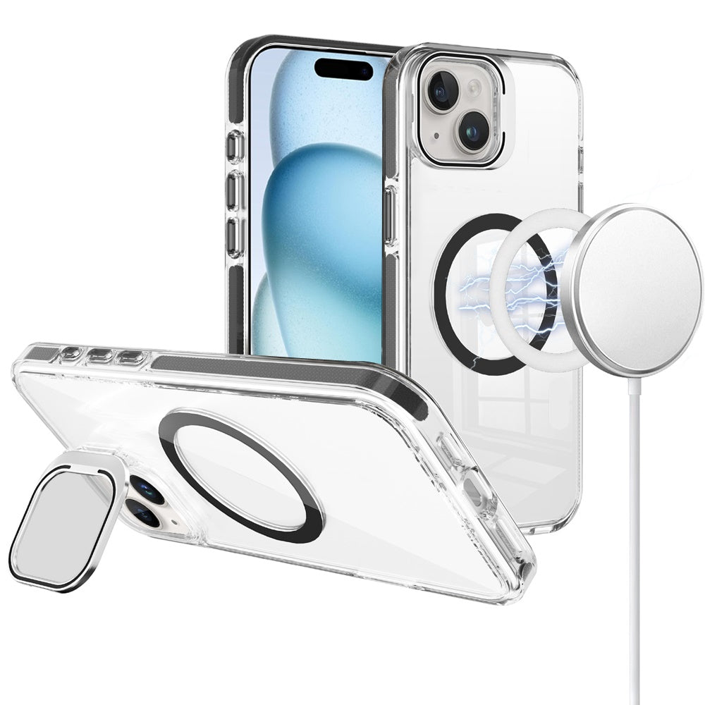 For Samsung Galaxy A06 Built-in Camera Kick-Stand, Compatible with MagSafe, Transparent Colorful Edged Tough Hybrid TPU Case Cover Clear Black