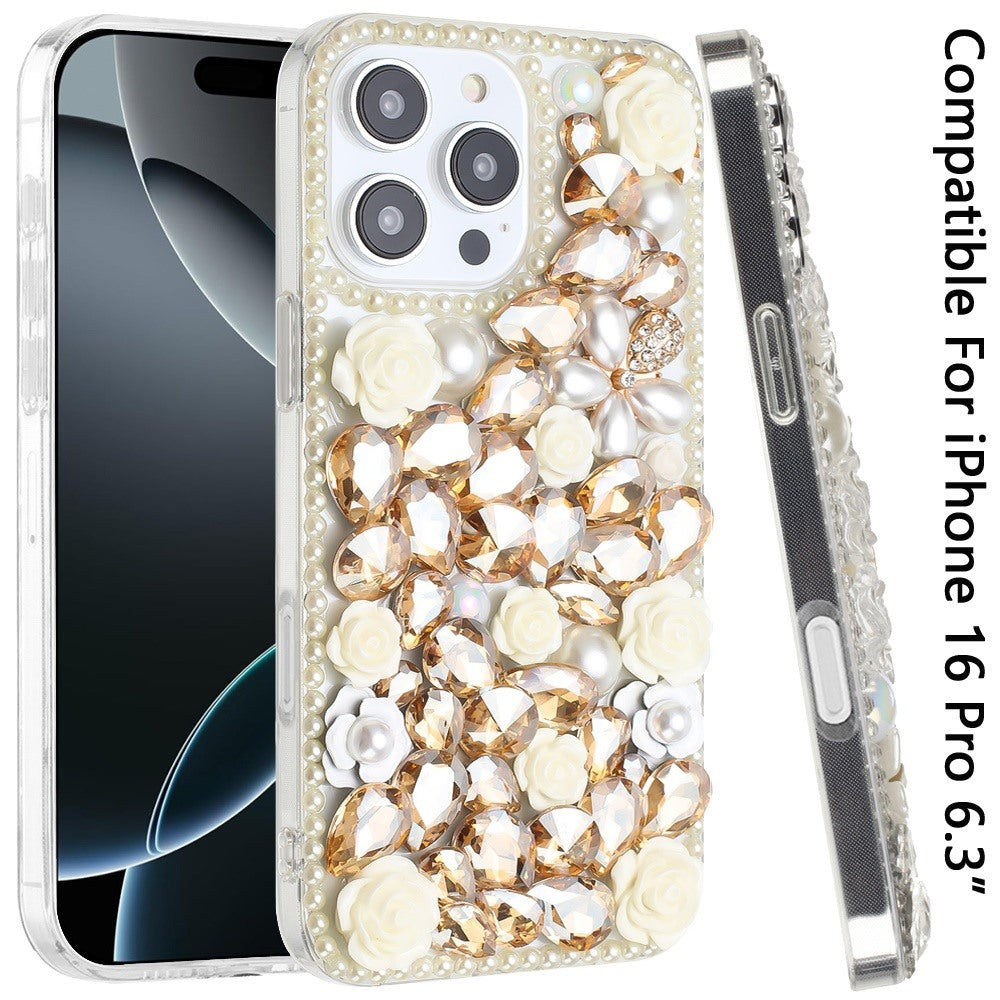 For Apple iPhone 16 Pro (6.3") Fashion Rose Flower Floral Bling Crystal 3D Full Diamonds Pearl Sparkle Rhinestone Glitter Hybrid Case Cover