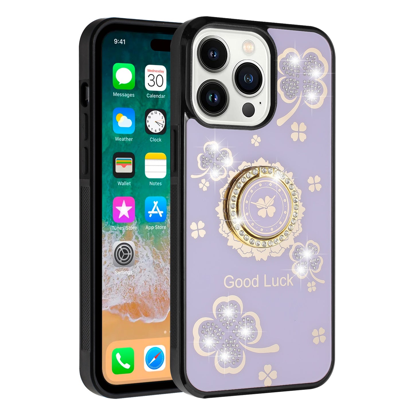 For Apple iPhone 16 Pro Max (6.9") Diamonds 3D Bling Sparkly Glitter Ornaments Engraving Hybrid Fashion Ring Stand Case Cover