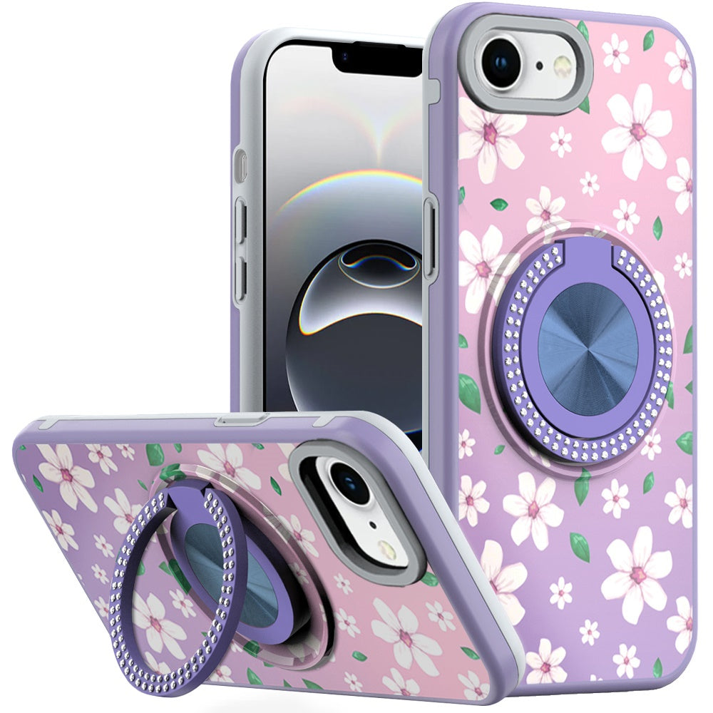 For Apple iPhone 16e Pattern Design Hybrid with Invisible Ring Stand & Magnetic Back, Shockproof Protective Grip Case Cover