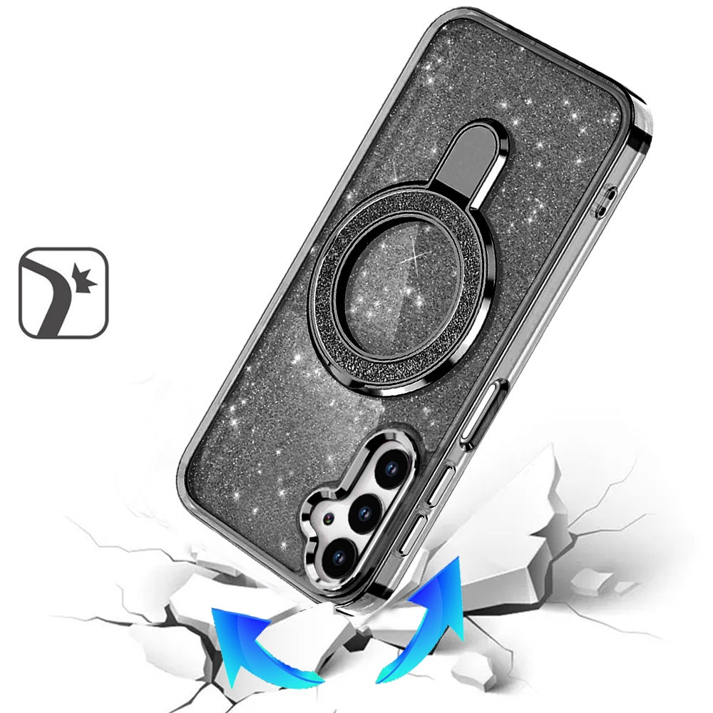 For Samsung Galaxy A16 5G Transparent Glitter Bling Case with Rotating Magnetic Ring Stand, Shockproof Hybrid Case Cover