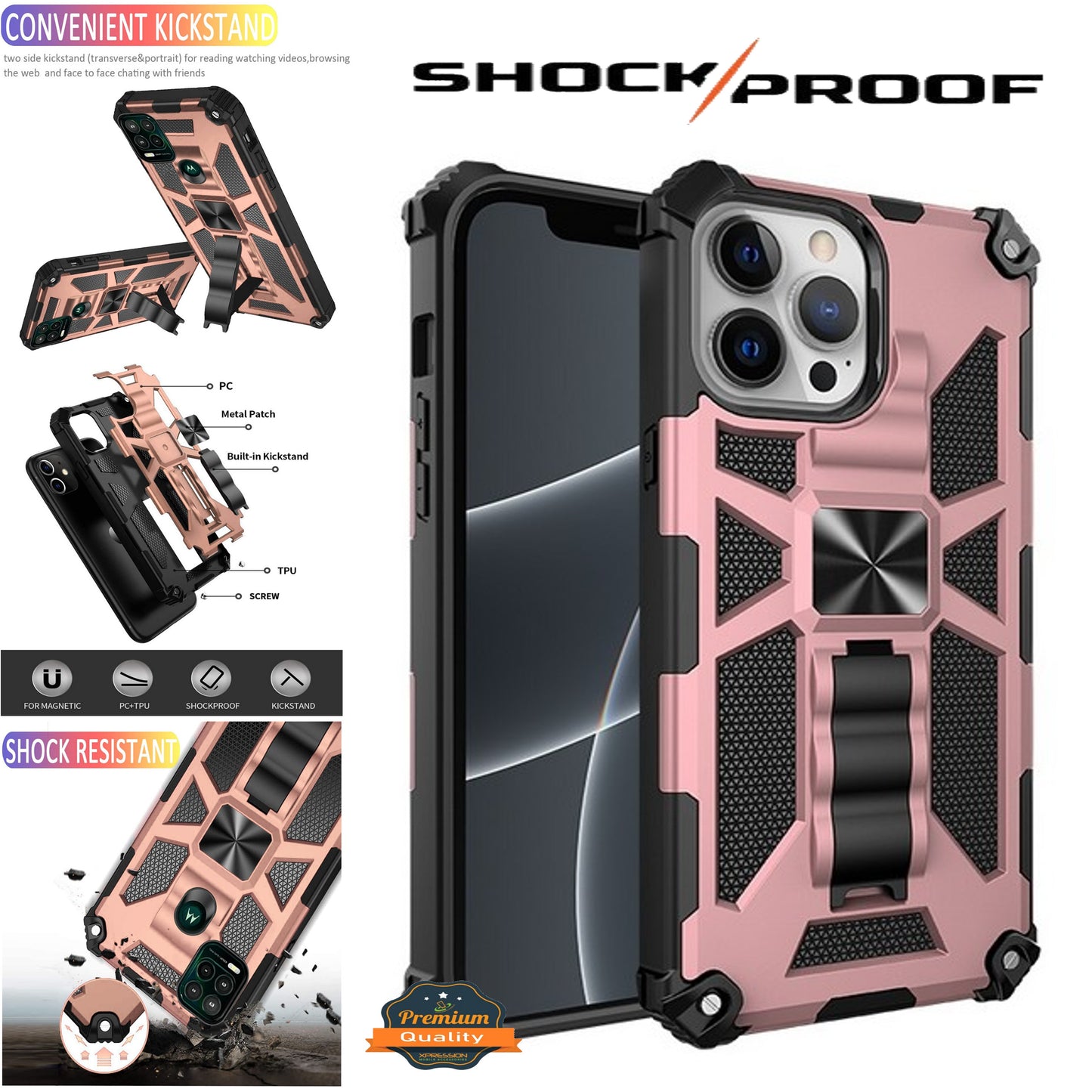 For Apple iPhone 15 Pro (6.1") Built in Magnetic Kickstand, Military Hybrid Bumper Heavy Duty Dual Layers Rugged Stand Phone Case Cover