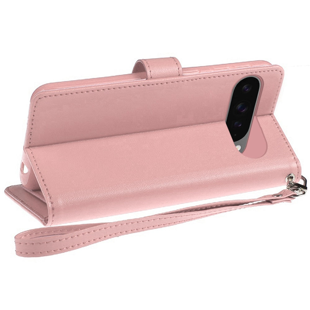 For Google Pixel 10 Pro XL Wallet Case with ID/ Card Holder, Wristlet Strap, Magnetic TPU Protective Shockproof Folio Flip Case Cover Rose Gold