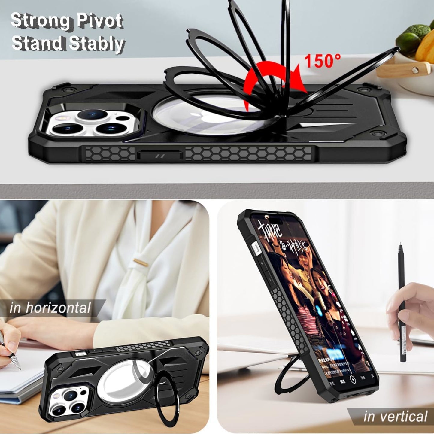 For Apple iPhone 15 Pro (6.1") Hybrid Magnetic Ring Stand Invisible Foldable Military Grade Shockproof Fit with Magsafe Phone Case Cover