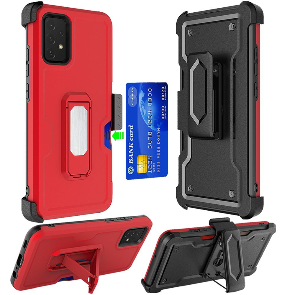 For Samsung Galaxy A16 5G Full-Body Hybrid Heavy Duty Armor Case with Belt Clip Holster, Credit Card Holder & Kickstand Case Cover Red
