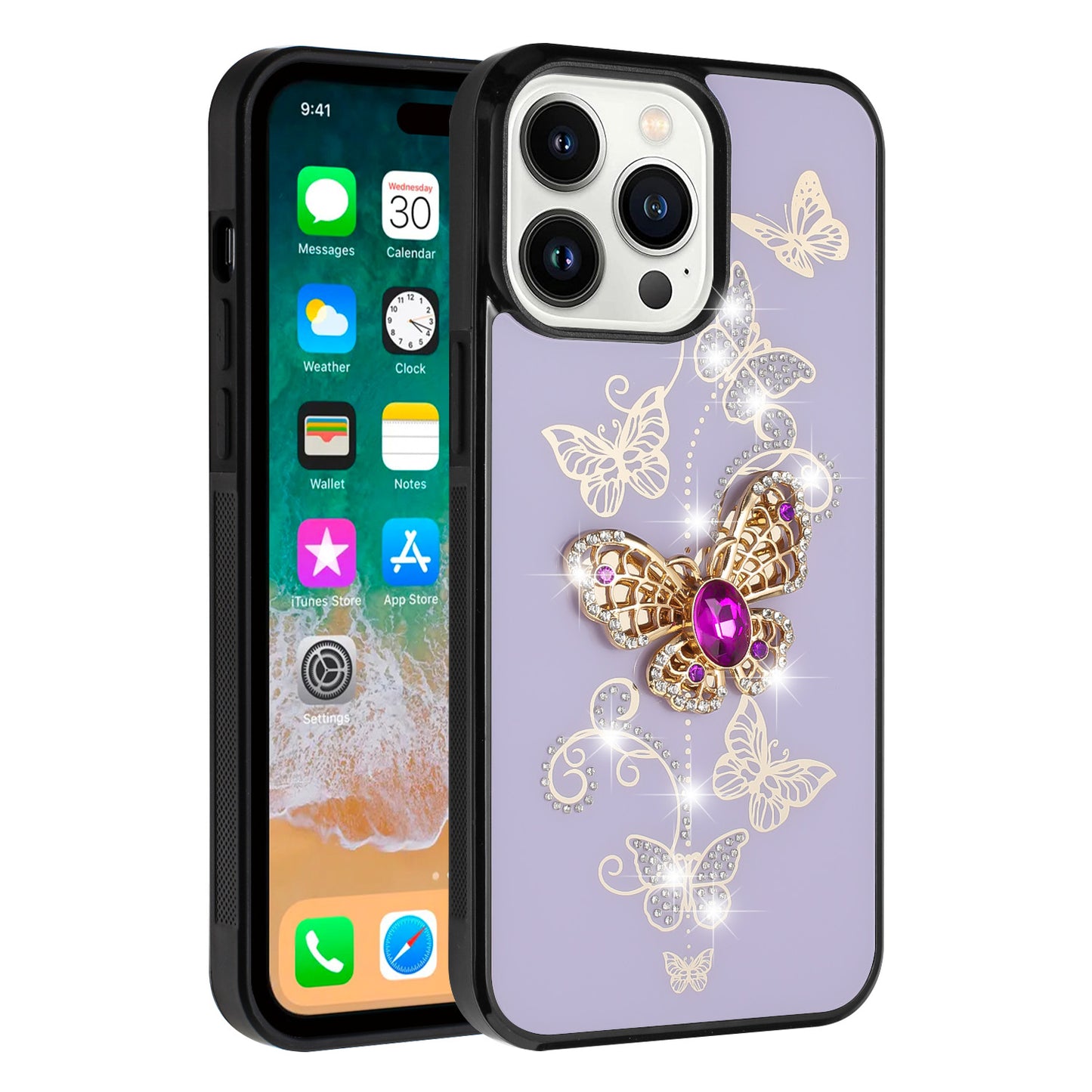 For Apple iPhone 16 Pro Max (6.9") Diamonds 3D Bling Sparkly Glitter Ornaments Engraving Hybrid Fashion Ring Stand Case Cover