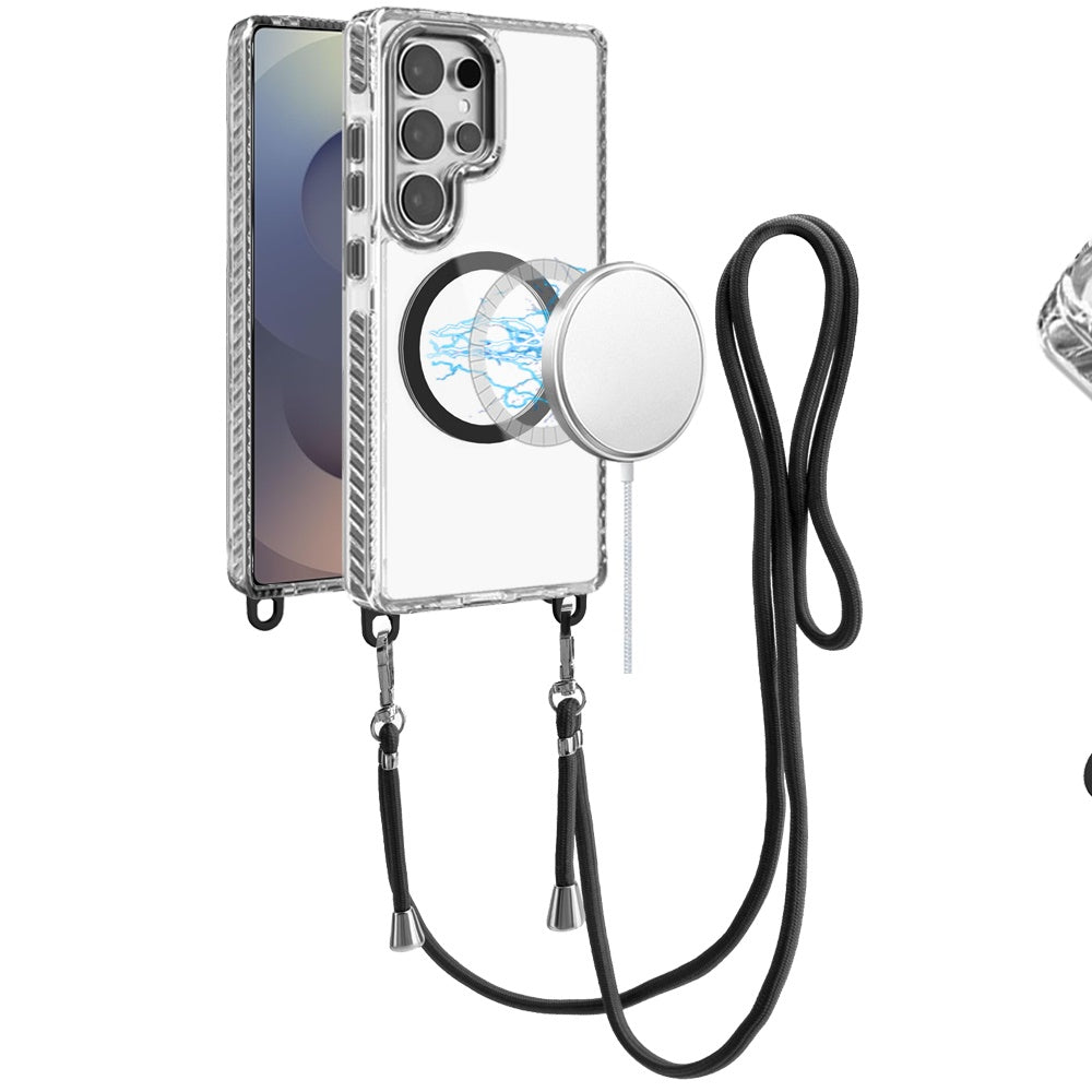 For Apple iPhone 16 (6.1") Clear Magnetic Frame PC Back Shockproof Protective Case with Detachable Lanyard Strap, Compatible with MagSafe Case Cover