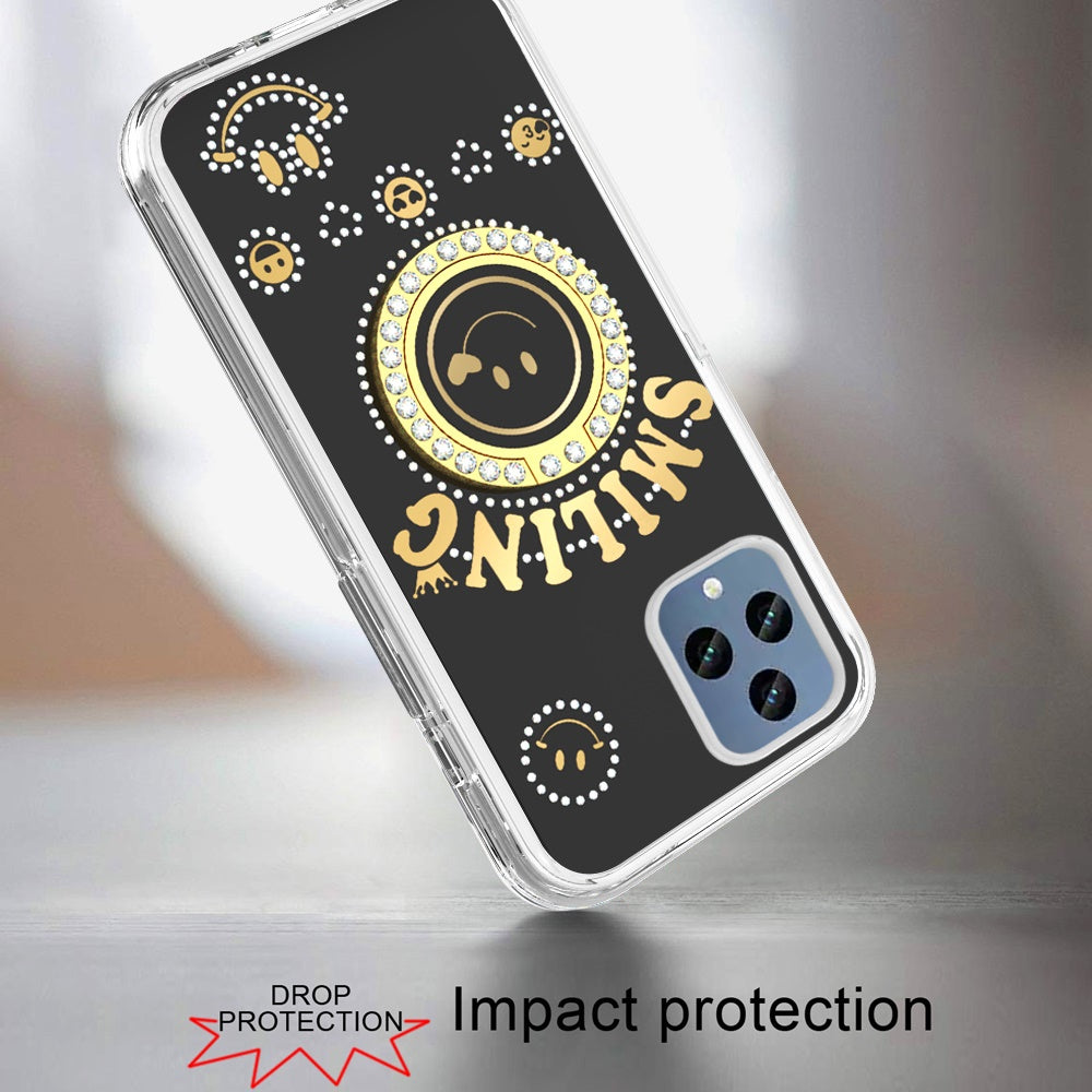 For Samsung Galaxy A16 5G Smiling Glitter Ornament Bling Sparkle with Ring Stand Hybrid Slim TPU + Hard Back Shell Case Cover
