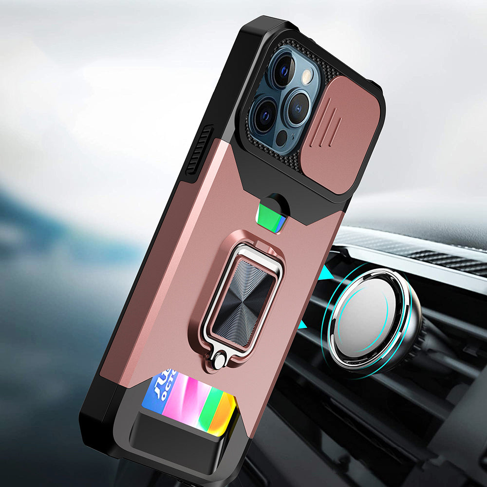 For Samsung Galaxy A16 5G Wallet Case with Ring Stand & Slide Camera Cover Credit Card Holder, Military Grade Hard Shockproof Case Cover Rose Gold