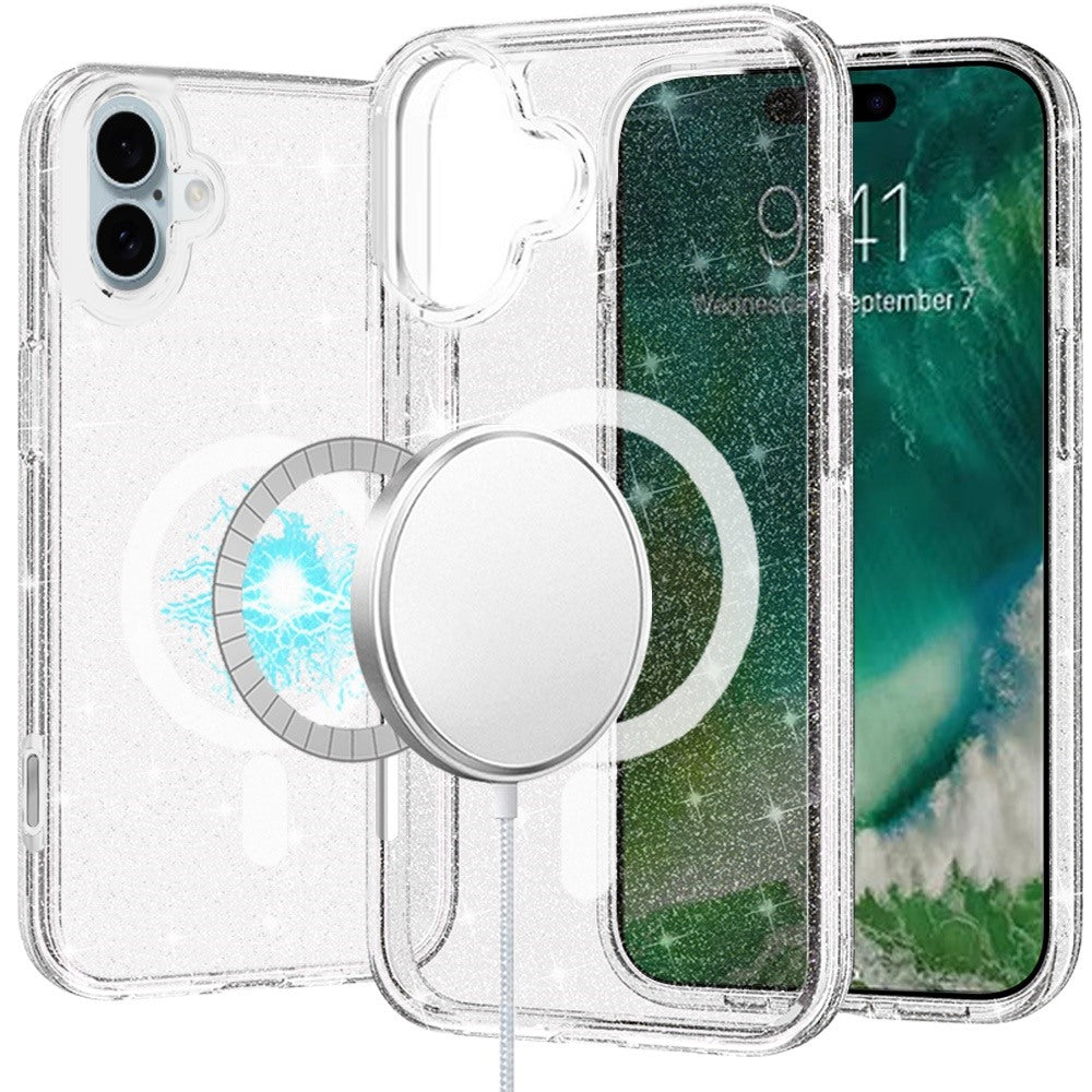 For Apple iPhone 16 (6.1") MagSafe Compatible Glitter Shiny Sparkle Bling TPU Rubber Hard PC Back Hybrid Frame Case Cover