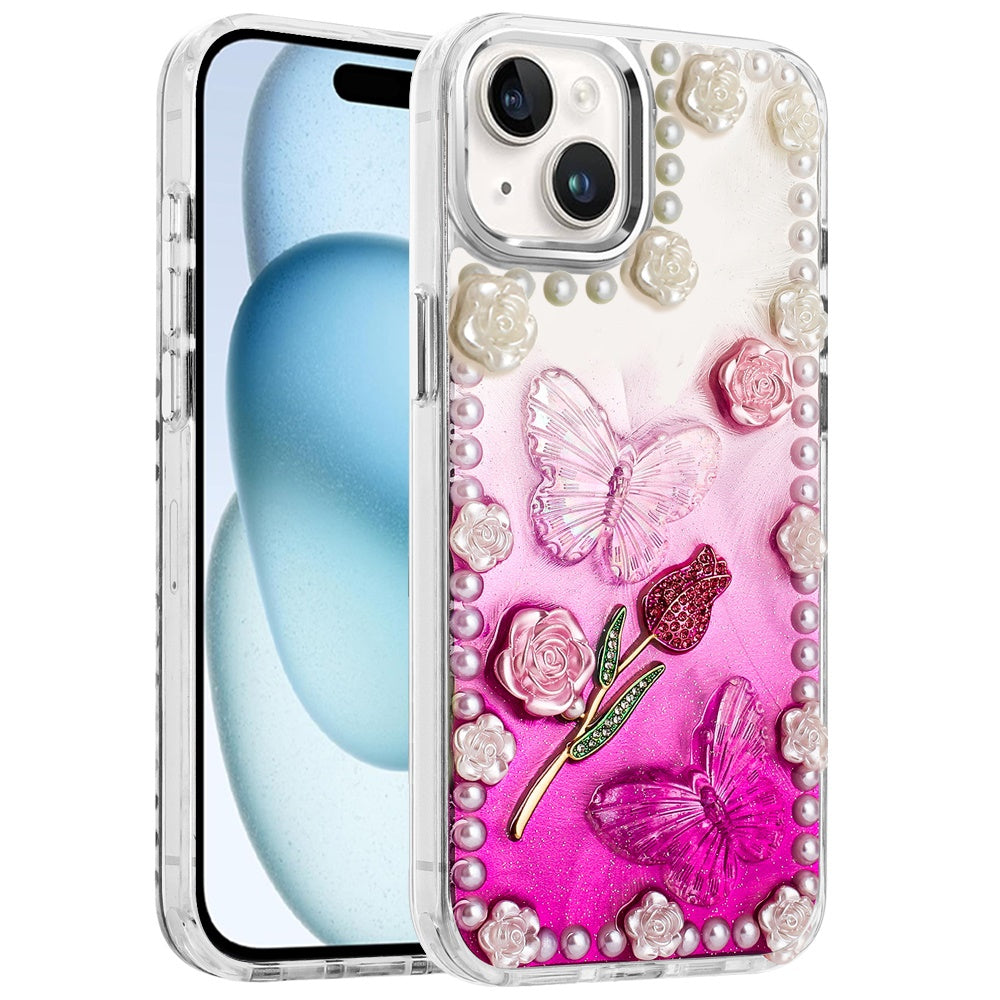 For Samsung Galaxy A36 Bling Fashion Design with 3D Pearls Epoxy Glitter Ornaments Chrome Edge Hard Slim PC Case Cover