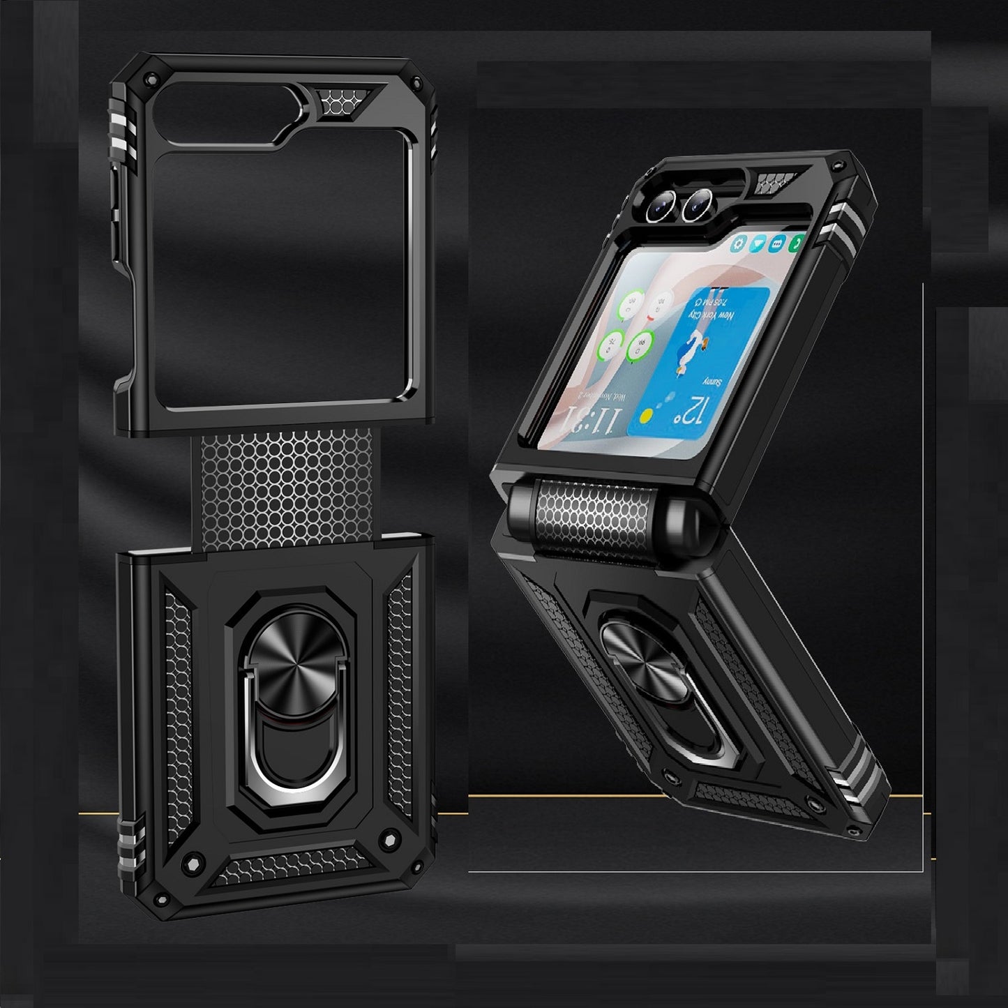 For Samsung Galaxy Z Fold 7 Hybrid Shockproof Protective with Magnetic 360° rotating Ring Kickstand, TPU Rubber PC Case Cover Black