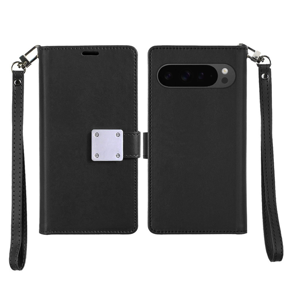 For Google Pixel 10 Pro XL Wallet Case with ID/ Card Holder, Wristlet Strap, Magnetic TPU Protective Shockproof Folio Flip Case Cover Black