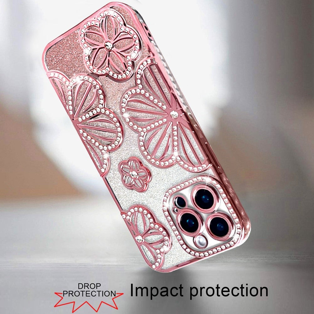 For Samsung Galaxy A16 Luxury Flower Design Sparkle Glitter Diamond Rhinestone Shimmer Bling Plating Thick TPU Hard PC Case Cover Flower Rose Gold