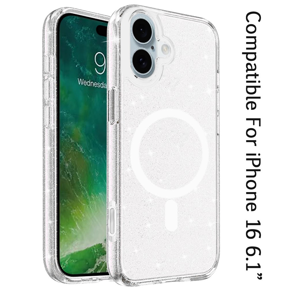 For Apple iPhone 16 (6.1") MagSafe Compatible Glitter Shiny Sparkle Bling TPU Rubber Hard PC Back Hybrid Frame Case Cover